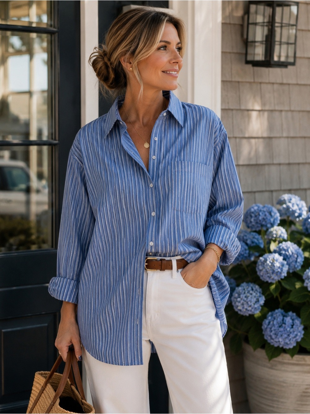 Ralph Lauren Blue and White Striped Casual Button-Down Shirt